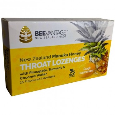 Beevantage New Zealand Manuka Honey Throat Lozenge (15s) Throat Lozenges with Pineapple, Turmeric & Coconut Water 3pack